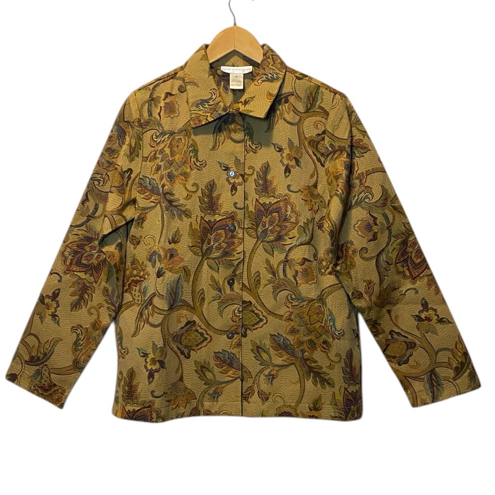 Susan Graver Jacquard Button Up Jacket‎ Women’s Medium Tan Floral Print Jacket